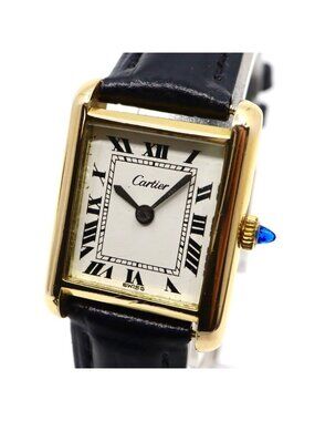 Cartier Tank Watch Quartz White Roman Dial Gold Color Case Leather Not Original